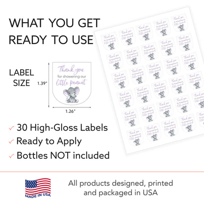 30 Pack PocketBac 1 oz Mini Hand Sanitizer Labels for Gender Neutral Purple Elephant Baby Shower