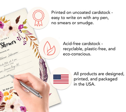 Bohemian Boho Chic Pink Floral Girl Baby Shower Invitations • Pack of 25