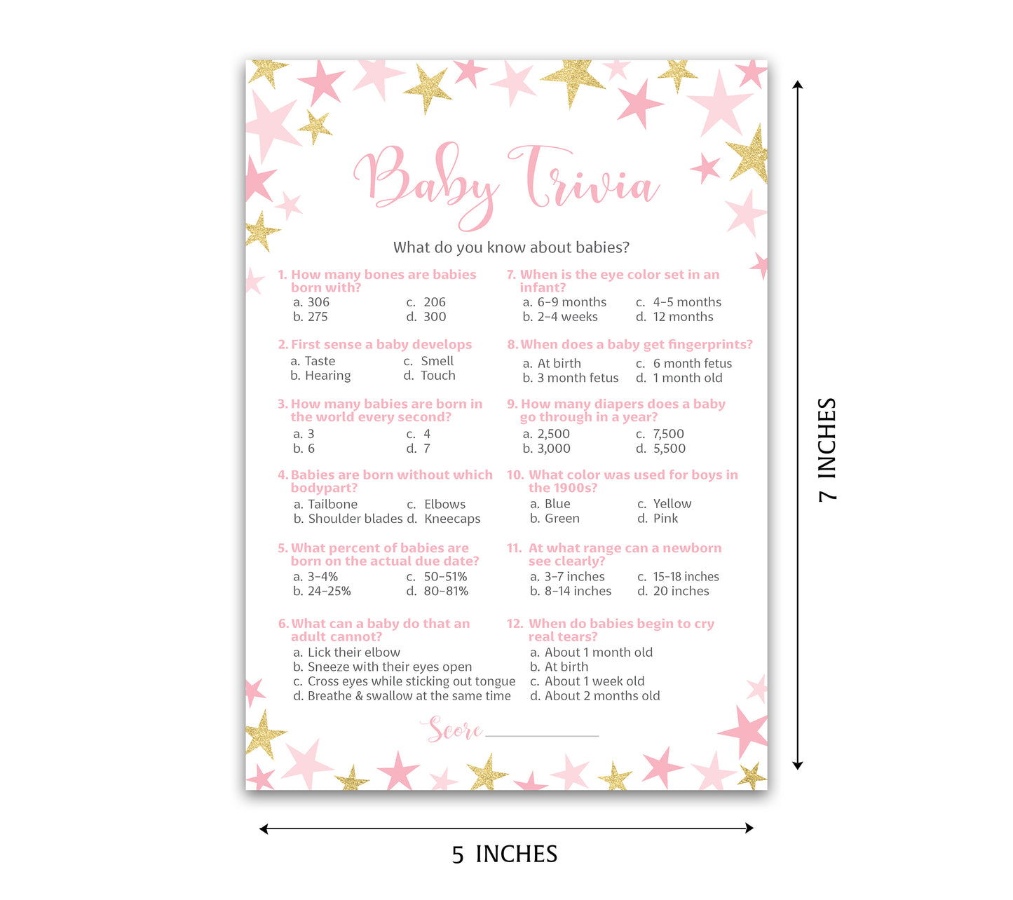Pink & Gold Star Girl Baby Shower Game - Baby Trivia • SET of 25