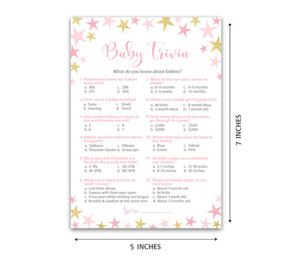 Pink & Gold Star Girl Baby Shower Game - Baby Trivia • SET of 25