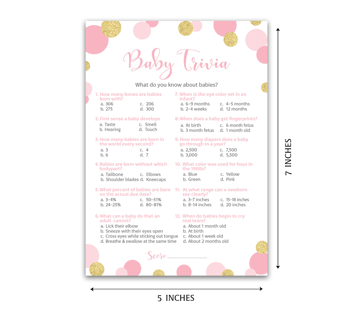 Pink & Gold Polka Dot Confetti Girl Baby Shower Game - Baby Trivia • SET of 25