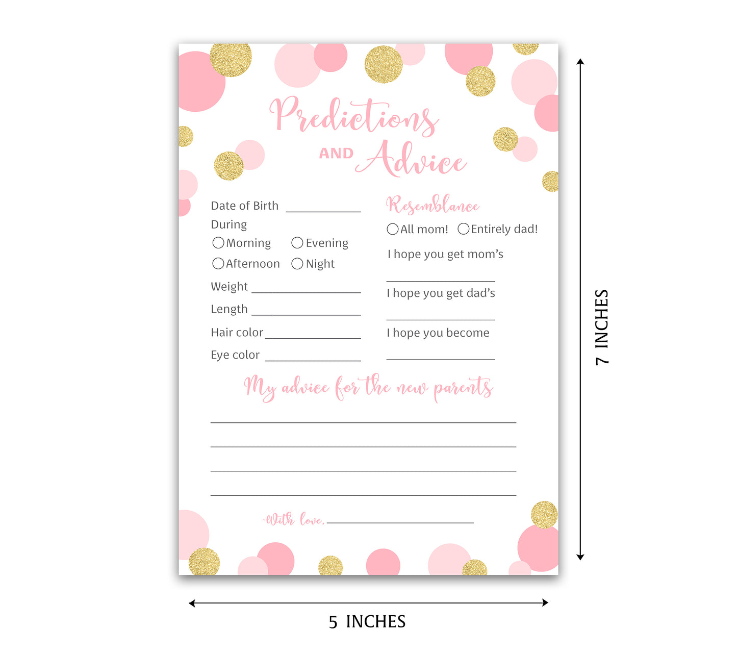 Pink & Gold Polka Dot Confetti Girl Baby Shower Game - Predictions & Advice Cards • SET of 25