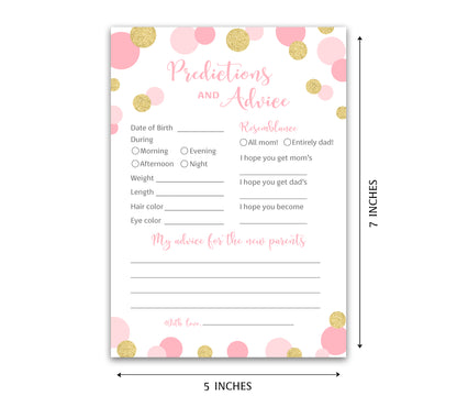 Pink & Gold Polka Dot Confetti Girl Baby Shower Game - Predictions & Advice Cards • SET of 25