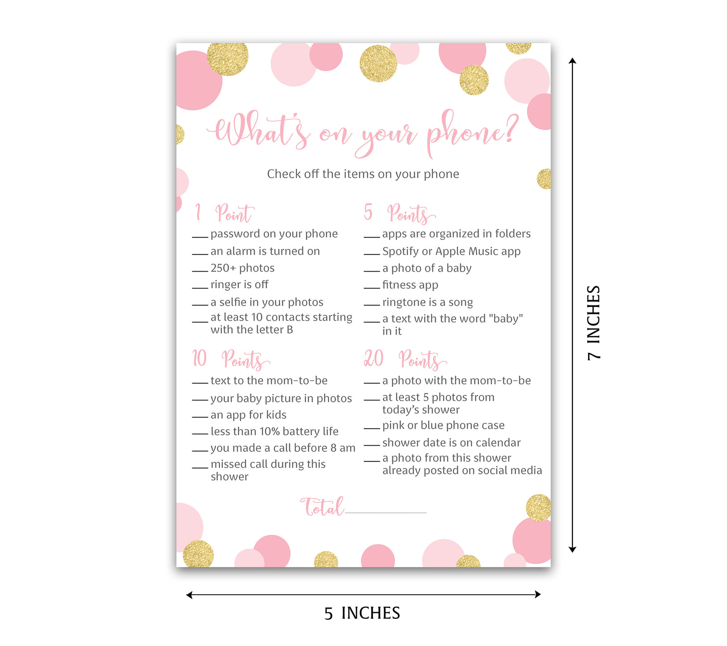 Pink & Gold Polka Dot Confetti Girl Baby Shower Game - What's On Your Phone • SET of 25