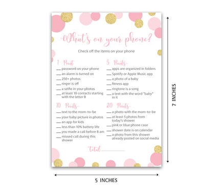 Pink & Gold Polka Dot Confetti Girl Baby Shower Game - What's On Your Phone • SET of 25