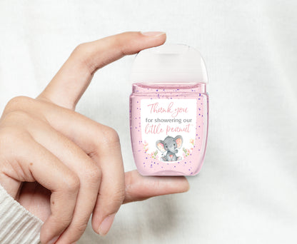 30 Pack PocketBac 1 oz Mini Hand Sanitizer Labels for  It’s a Girl Pink Floral Elephant Baby Shower