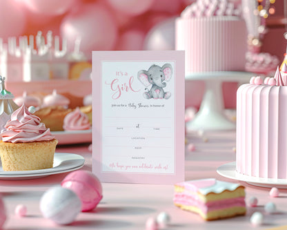 It's a Girl! • Pink Elephant Baby Shower Invitations • SET of 25