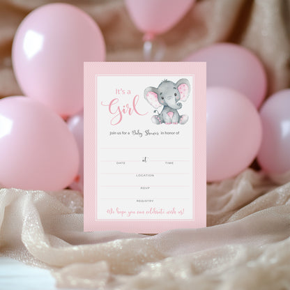 It's a Girl! • Pink Elephant Baby Shower Invitations • SET of 25