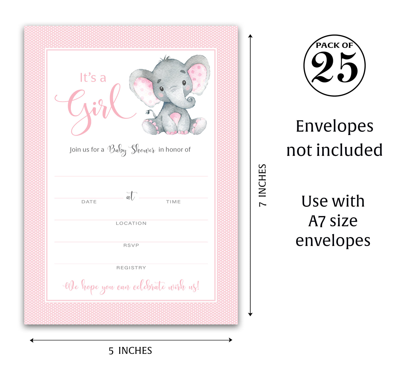 It's a Girl! • Pink Elephant Baby Shower Invitations • SET of 25