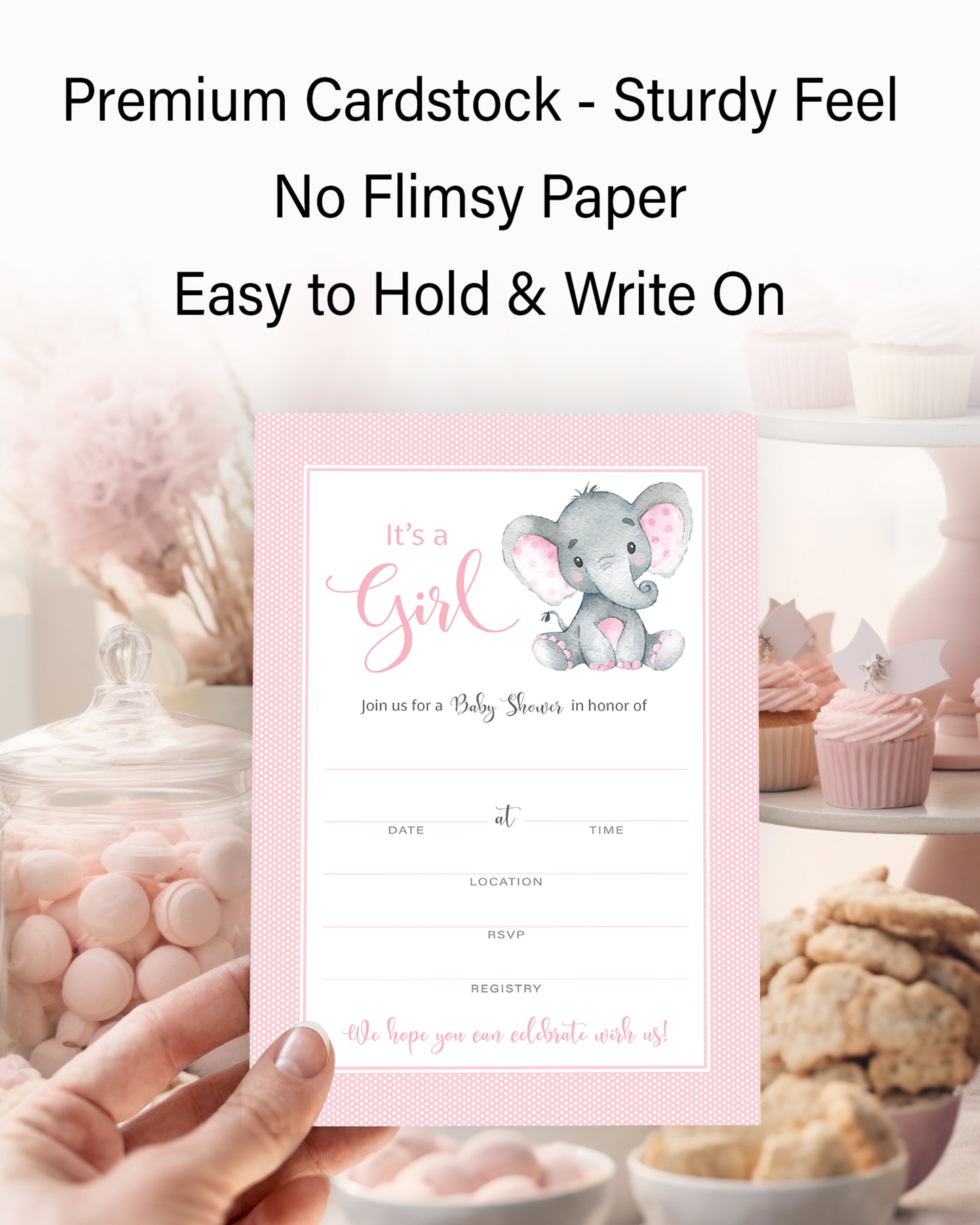 It's a Girl! • Pink Elephant Baby Shower Invitations • SET of 25