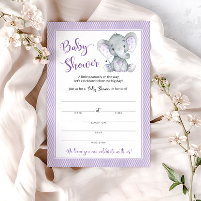 GENDER NEUTRAL Purple Elephant BABY SHOWER INVITATIONS— Pack of 25