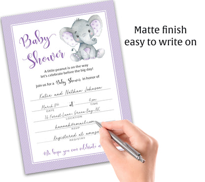 GENDER NEUTRAL Purple Elephant BABY SHOWER INVITATIONS— Pack of 25
