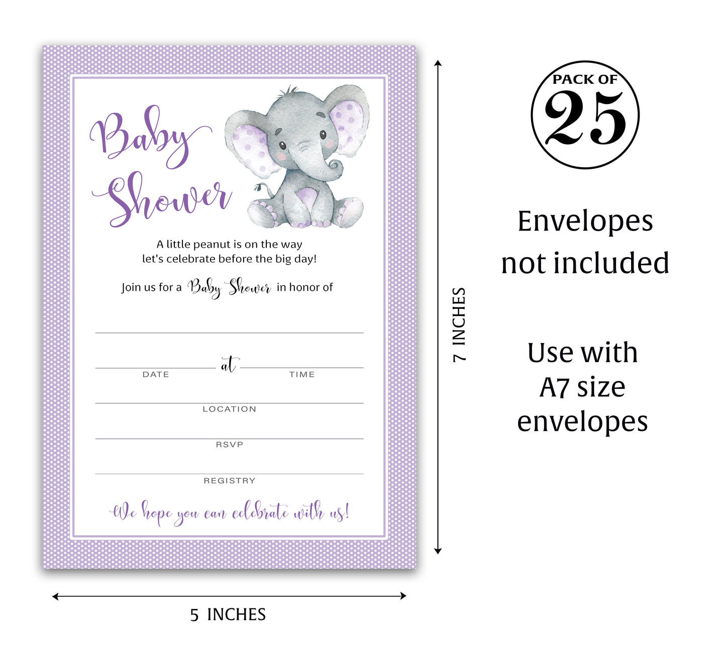 GENDER NEUTRAL Purple Elephant BABY SHOWER INVITATIONS— Pack of 25
