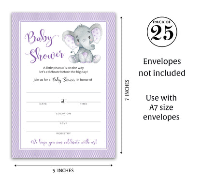 GENDER NEUTRAL Purple Elephant BABY SHOWER INVITATIONS— Pack of 25