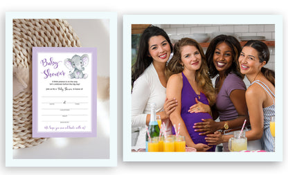 GENDER NEUTRAL Purple Elephant BABY SHOWER INVITATIONS— Pack of 25