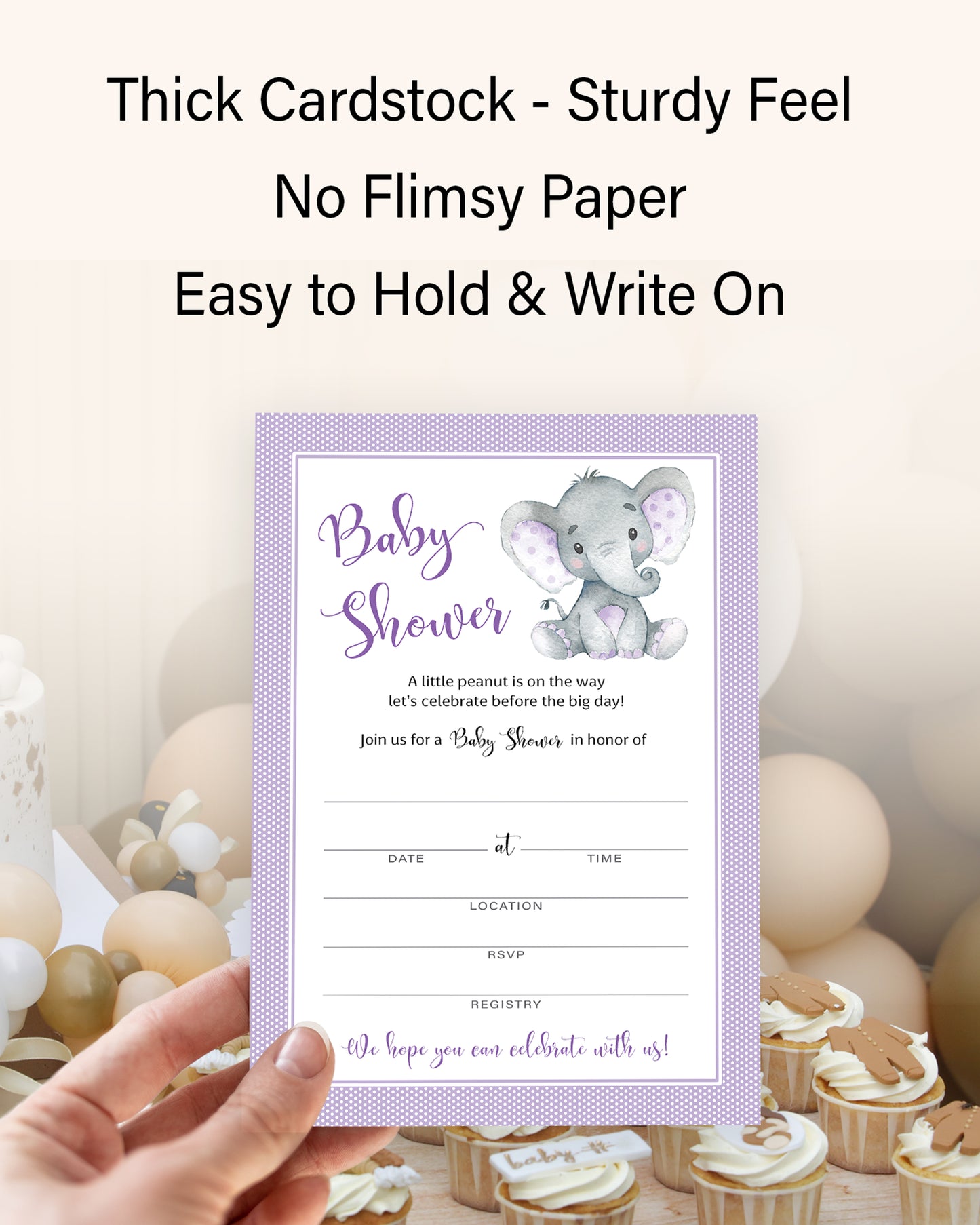 GENDER NEUTRAL Purple Elephant BABY SHOWER INVITATIONS— Pack of 25