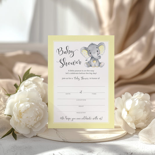 GENDER NEUTRAL Yellow Elephant BABY SHOWER INVITATIONS— Pack of 25