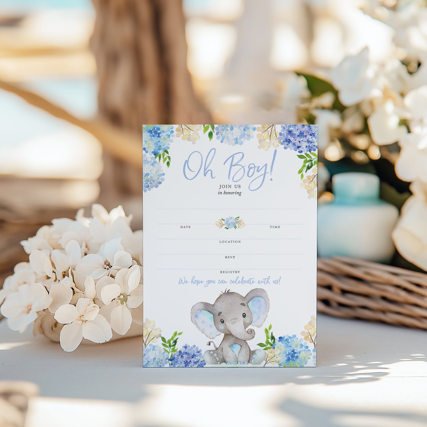 BLUE ELEPHANT Baby Shower INVITATIONS — Pack of 25