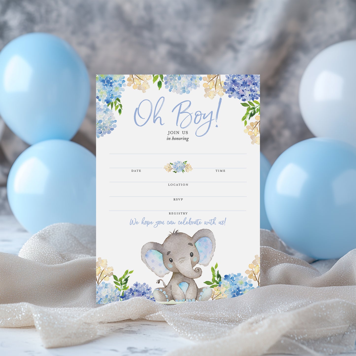BLUE ELEPHANT Baby Shower INVITATIONS — Pack of 25