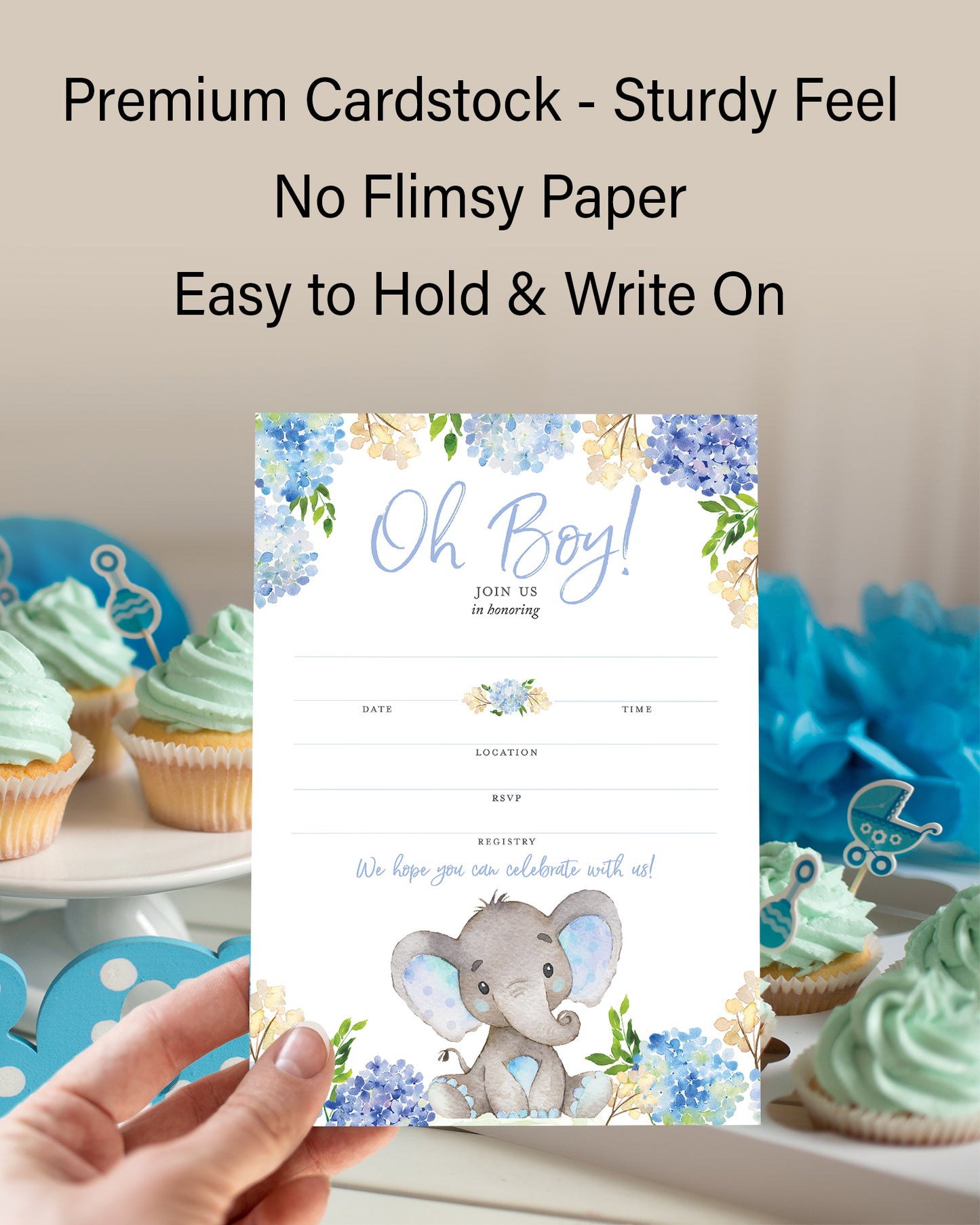 BLUE ELEPHANT Baby Shower INVITATIONS — Pack of 25
