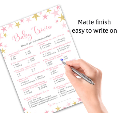 Pink & Gold Star Girl Baby Shower Game - Baby Trivia • SET of 25