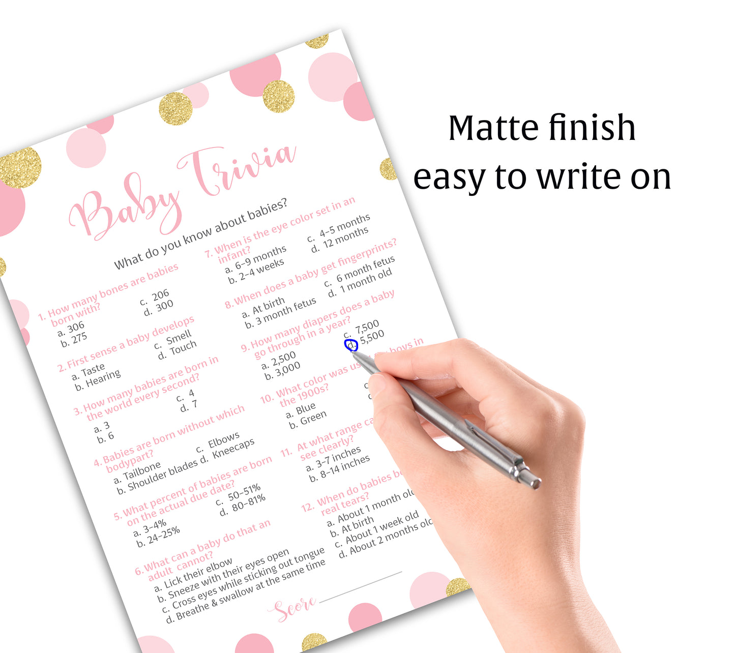 Pink & Gold Polka Dot Confetti Girl Baby Shower Game - Baby Trivia • SET of 25
