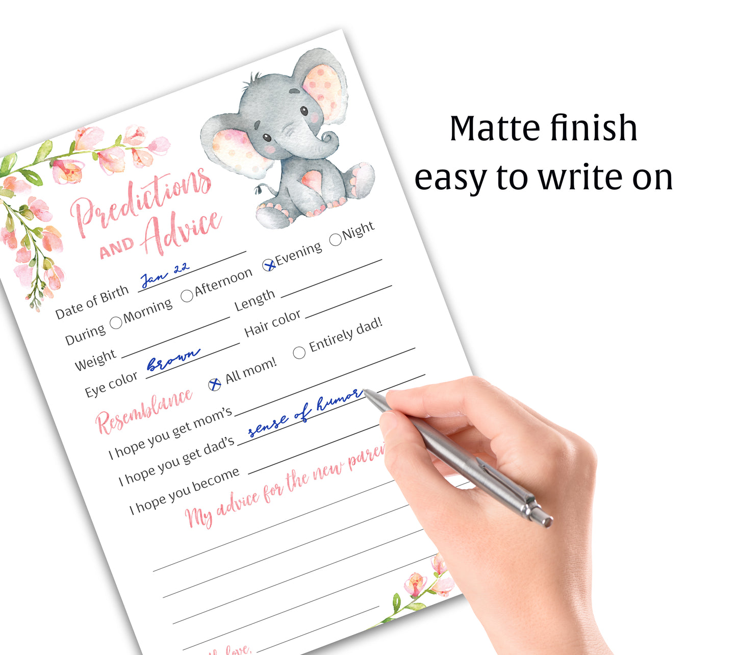 Pink Elephant Floral Girl Baby Shower Game - Predictions & Advice Cards • SET of 25