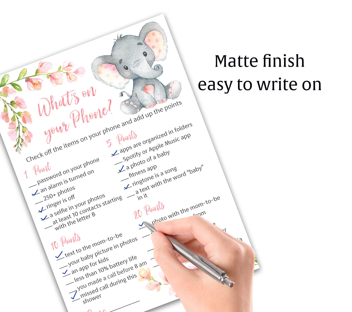 Pink Elephant Floral Girl Baby Shower Game - What's On Your Phone • SET of 25