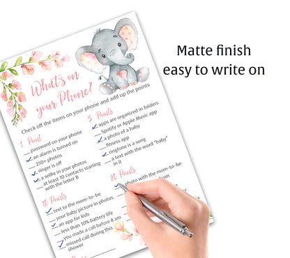 Pink Elephant Floral Girl Baby Shower Game - What's On Your Phone • SET of 25