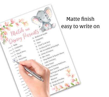Pink Elephant Floral Girl Baby Shower Game - Disney Parent Match • SET of 25