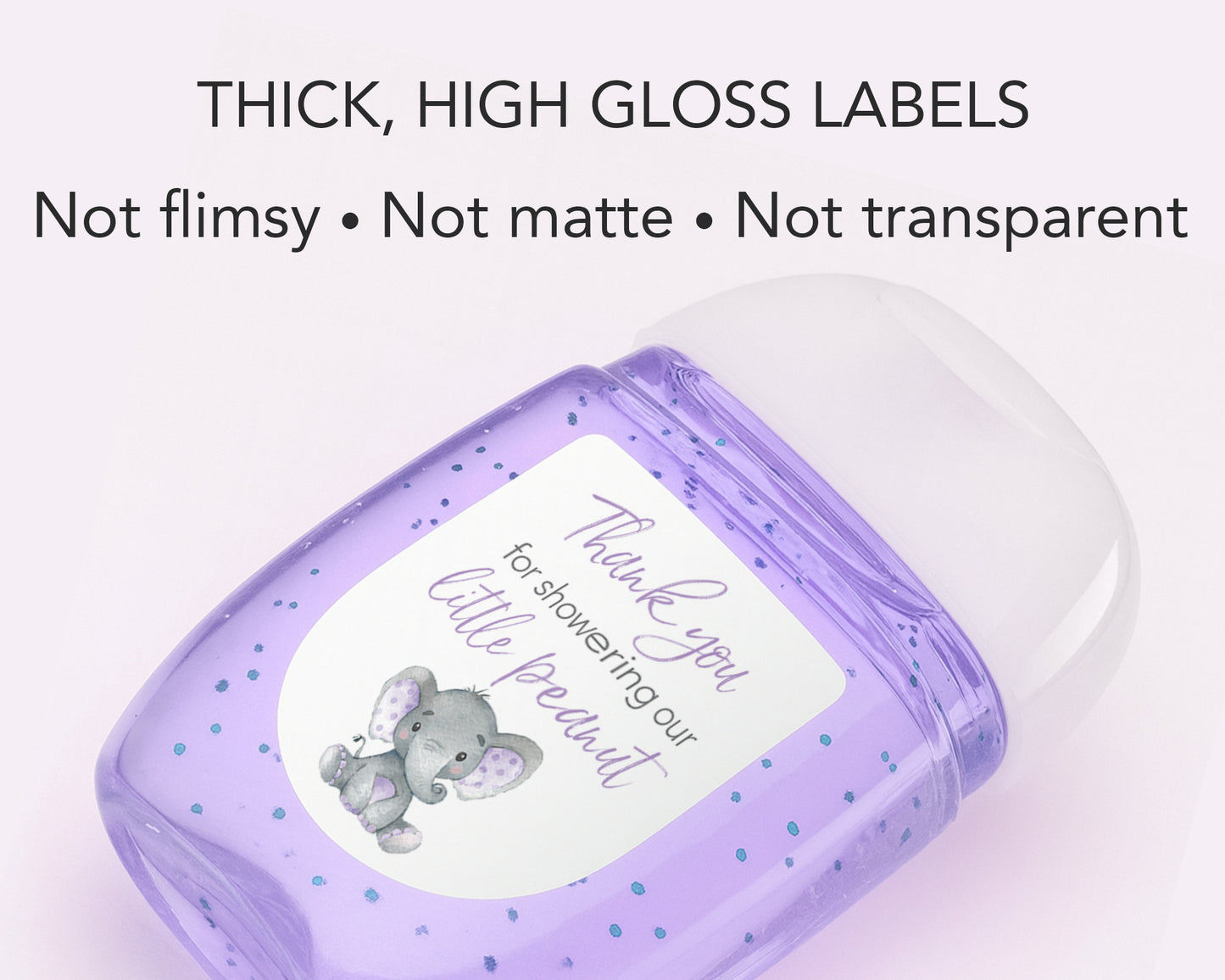 30 Pack PocketBac 1 oz Mini Hand Sanitizer Labels for Gender Neutral Purple Elephant Baby Shower