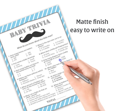 Mustache Boy Baby Shower Game - Baby Trivia • SET of 25