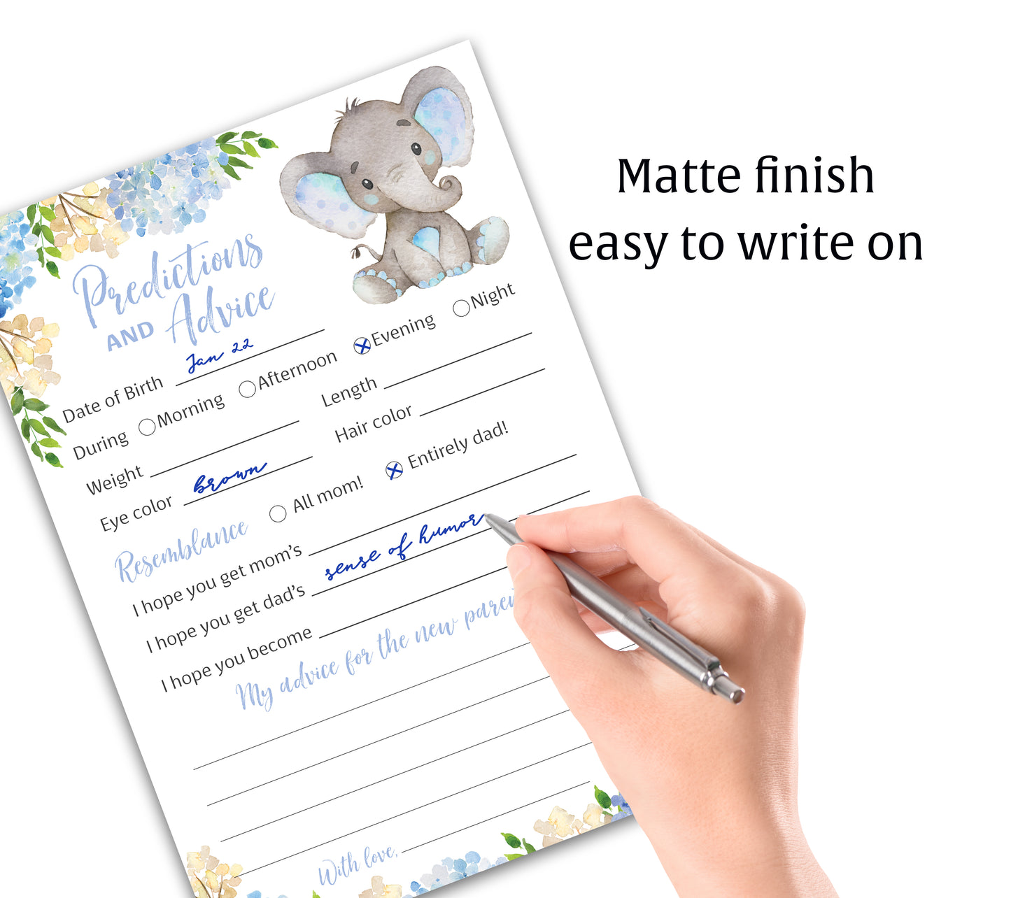 Blue Elephant Floral Boy Baby Shower Game - Predictions & Advice Cards • SET of 25