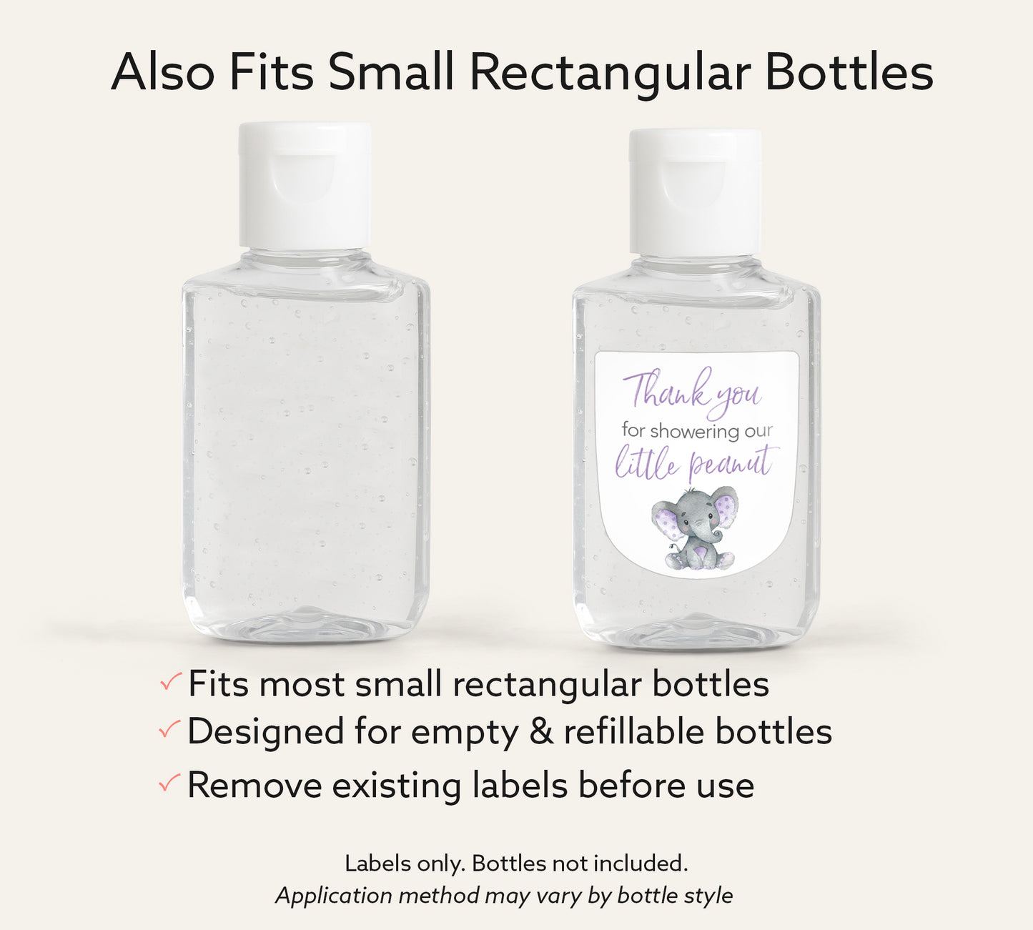 30 Pack PocketBac 1 oz Mini Hand Sanitizer Labels for Gender Neutral Purple Elephant Baby Shower
