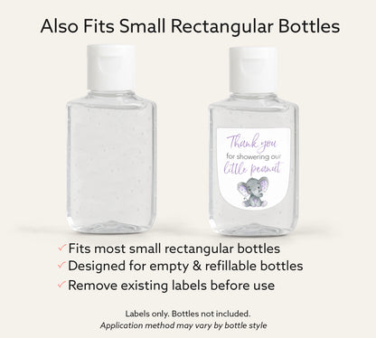 30 Pack PocketBac 1 oz Mini Hand Sanitizer Labels for Gender Neutral Purple Elephant Baby Shower
