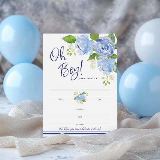 OH BOY! — Floral BABY SHOWER INVITATIONS— Pack of 25