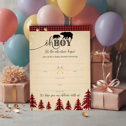 OH BOY! LUMBERJACK Baby Shower INVITATIONS — Pack of 25