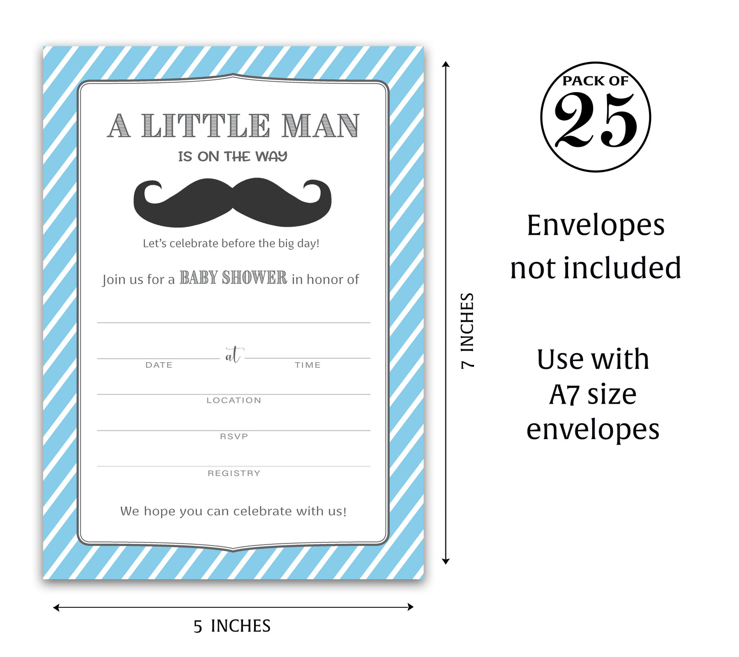 MUSTACHE Boy Baby Shower INVITATIONS — Pack of 25