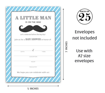 MUSTACHE Boy Baby Shower INVITATIONS — Pack of 25