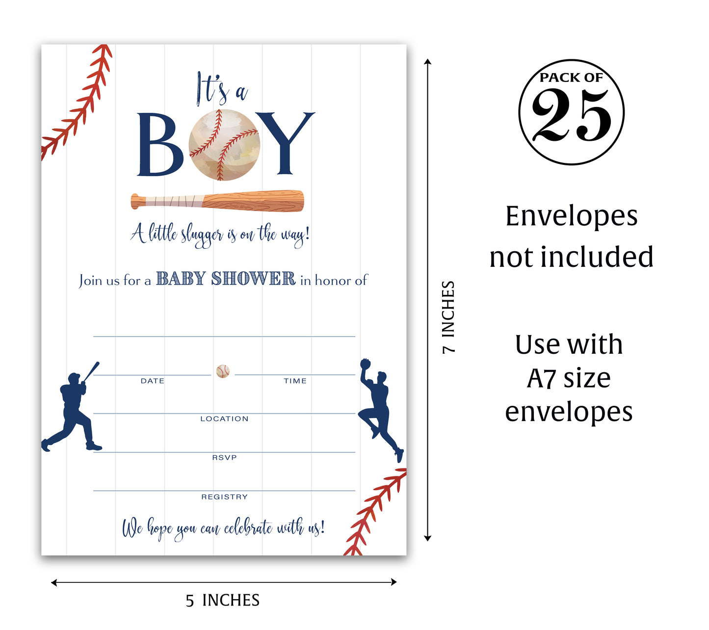 BASEBALL BOY Blank Fill-in Baby Shower  INVITATIONS — Pack of 25