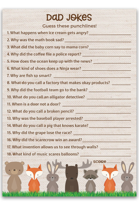 Woodland Animals Theme Baby Shower Game • DAD JOKES Games • Pack of 25