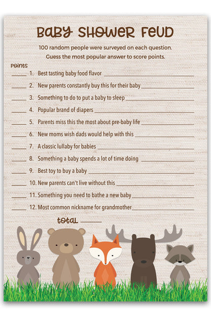 Woodland Animals Baby Feud Game • Pack of 25 • Baby Shower Games