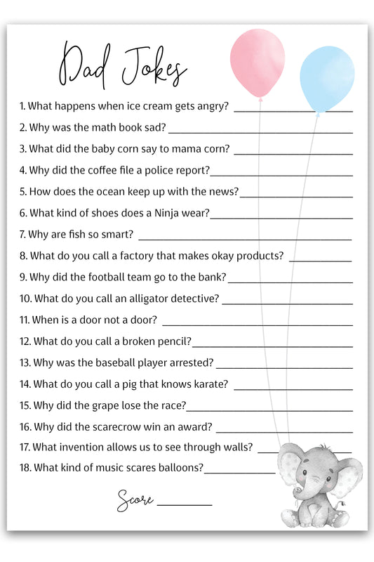 Girl or Boy Gender Reveal • DAD JOKES Games • Set of 25 • Pink or Blue Baby Shower Game