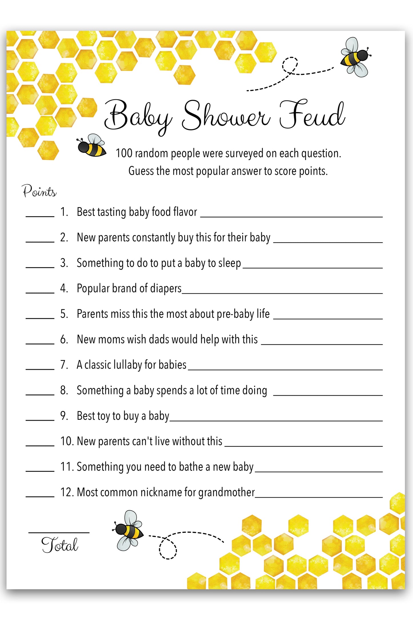 Bee Baby Shower FEUD Game – Mommy-to-Bee Bumblebee Theme – Pack of 25 - Rustic Yellow Gender Neutral Party Game