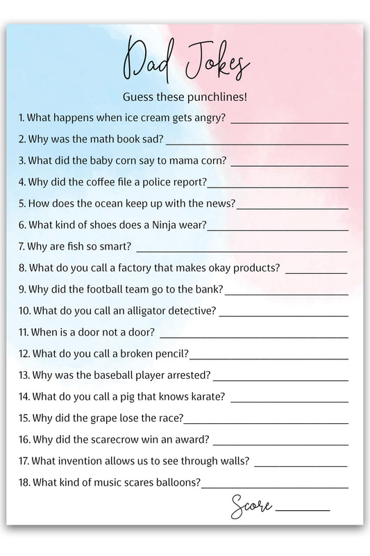 Girl or Boy Theme Baby Shower Game • DAD JOKES Games • Set of 25 • Gender Reveal