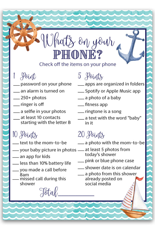 Nautical Baby Shower Game — WHAT'S ON YOUR PHONE - Printed