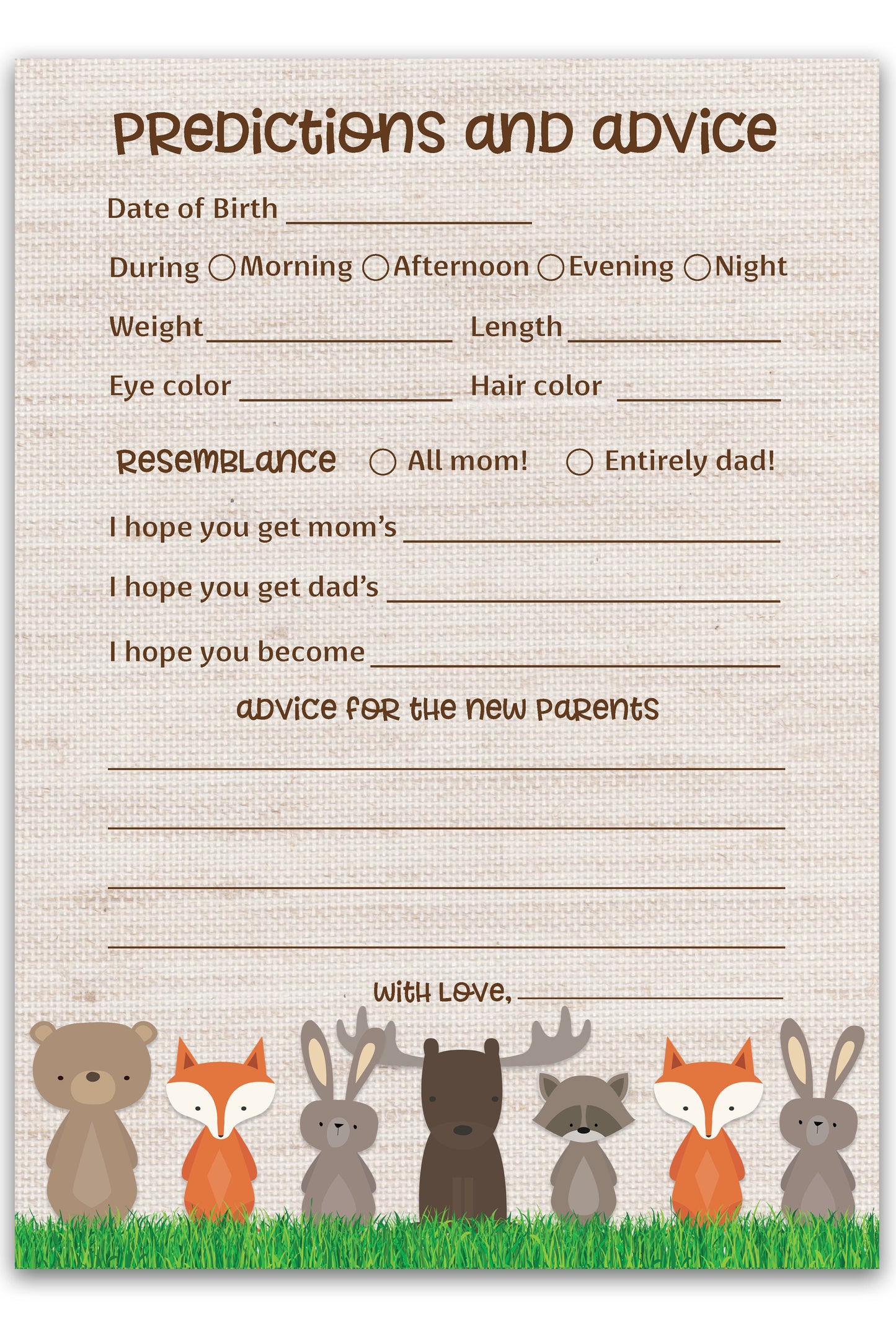 Woodland Animals Baby Shower Game - Predictions & Advice Cards • SET of 25