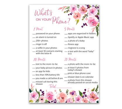 Floral Girl Baby Shower Game - What's On Your Phone • SET of 25
