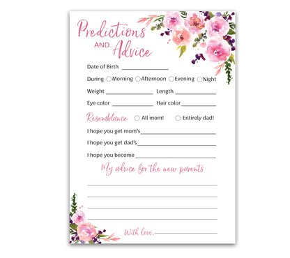 Floral Girl Baby Shower Game - Predictions & Advice Cards • SET of 25