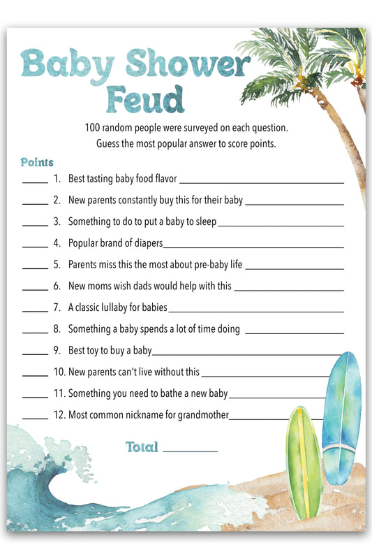Beach Surf Baby Feud Game • Pack of 25 • Baby Shower Games